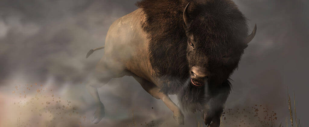 A buffalo running through a cloud of smoke