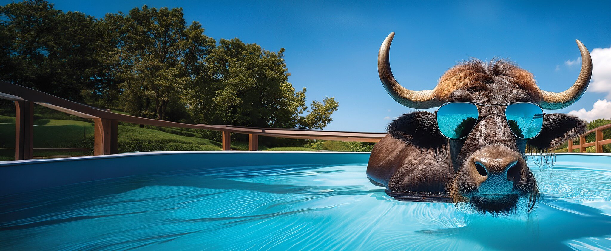 A water buffalo wearing reflective sunglasses relaxes in a bright blue swimming pool under a clear, sunny sky, with green trees and a wooden fence in the background.
